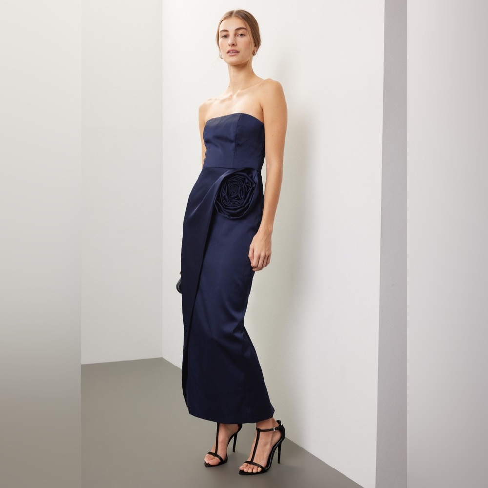 Ronny Kobo Pradova‎ Navy Blue Strapless Rosette Formal Dress